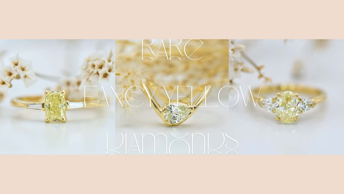 three yellow diamond engagement rings in yellow gold. A radiant cut yellow diamond, pear cut yellow diamond and oval yellow diamond.