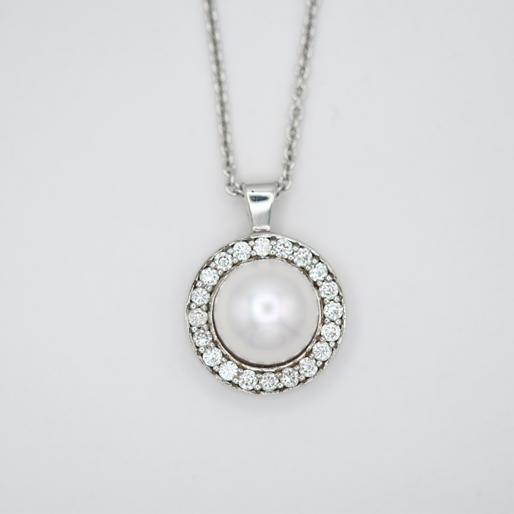 akoya pearl and diamond halo necklace