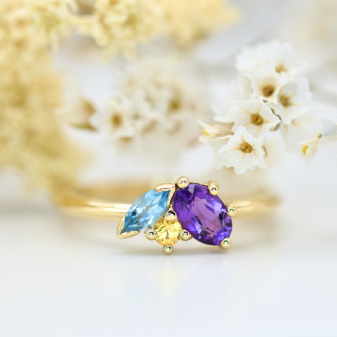 aquamarine yellow sapphire and amethyst cluster ring in 9k yellow gold 