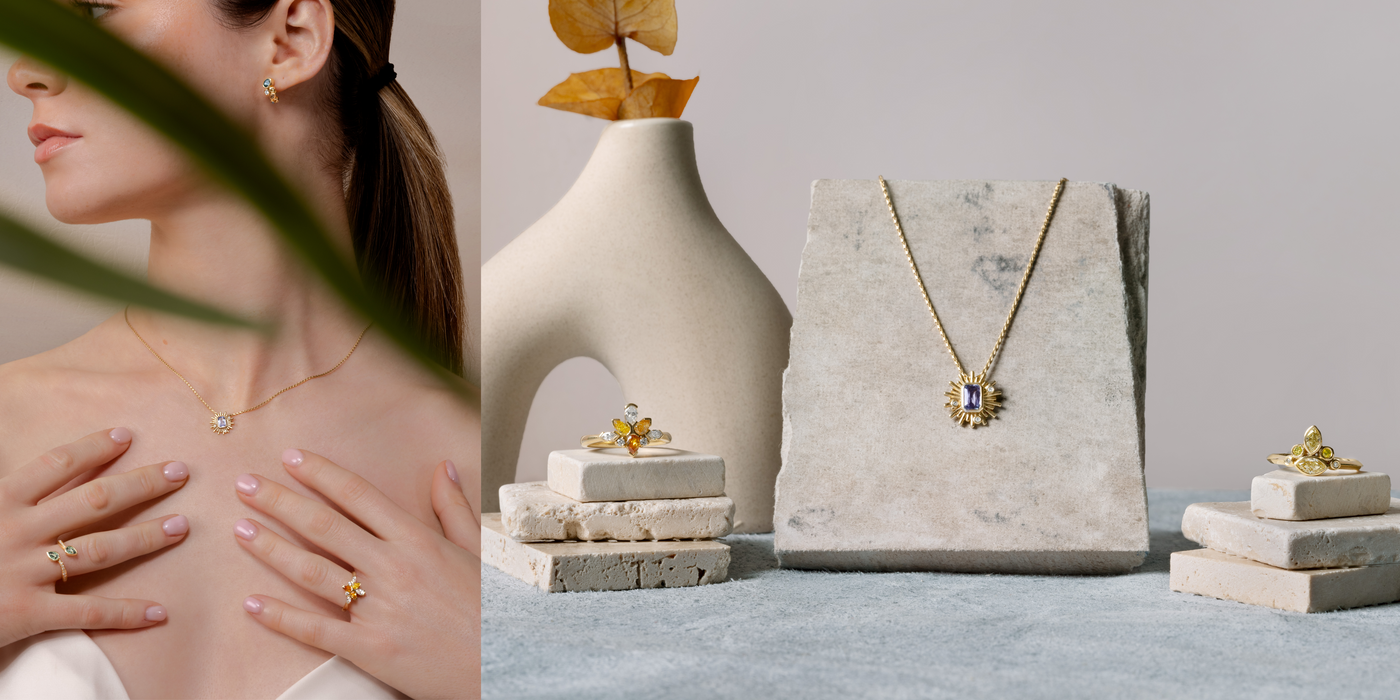 female model wearing two bespoke rings a purple sapphire necklace and teal sapphire earrings next to a shot of two rings and a pendant