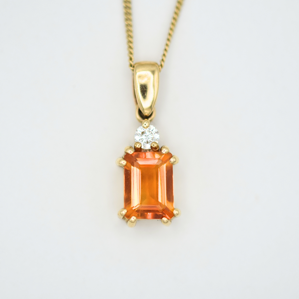 emerald cut citrine and white diamond necklace in 18k yellow gold