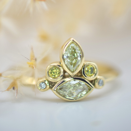 marquise and round yellow diamond cluster yellow gold ring front