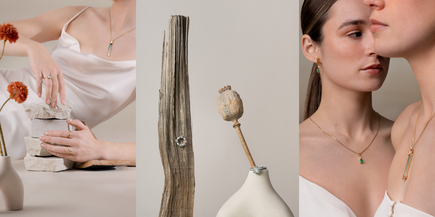 model shots with a number of unusual gemstone jewellery pieces