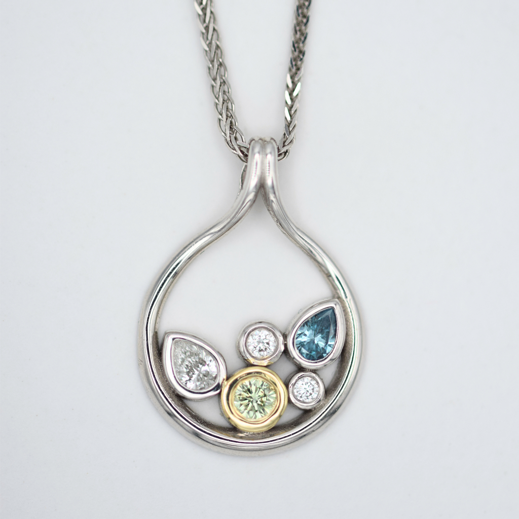 natural green, blue and white diamond teardrop pendant