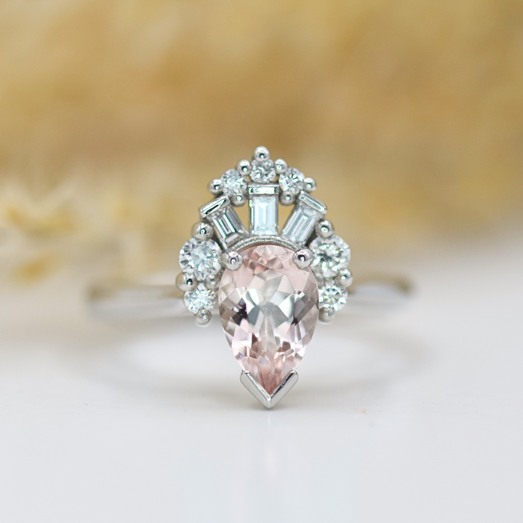pink pear cut morganite and diamond fan platinum ring