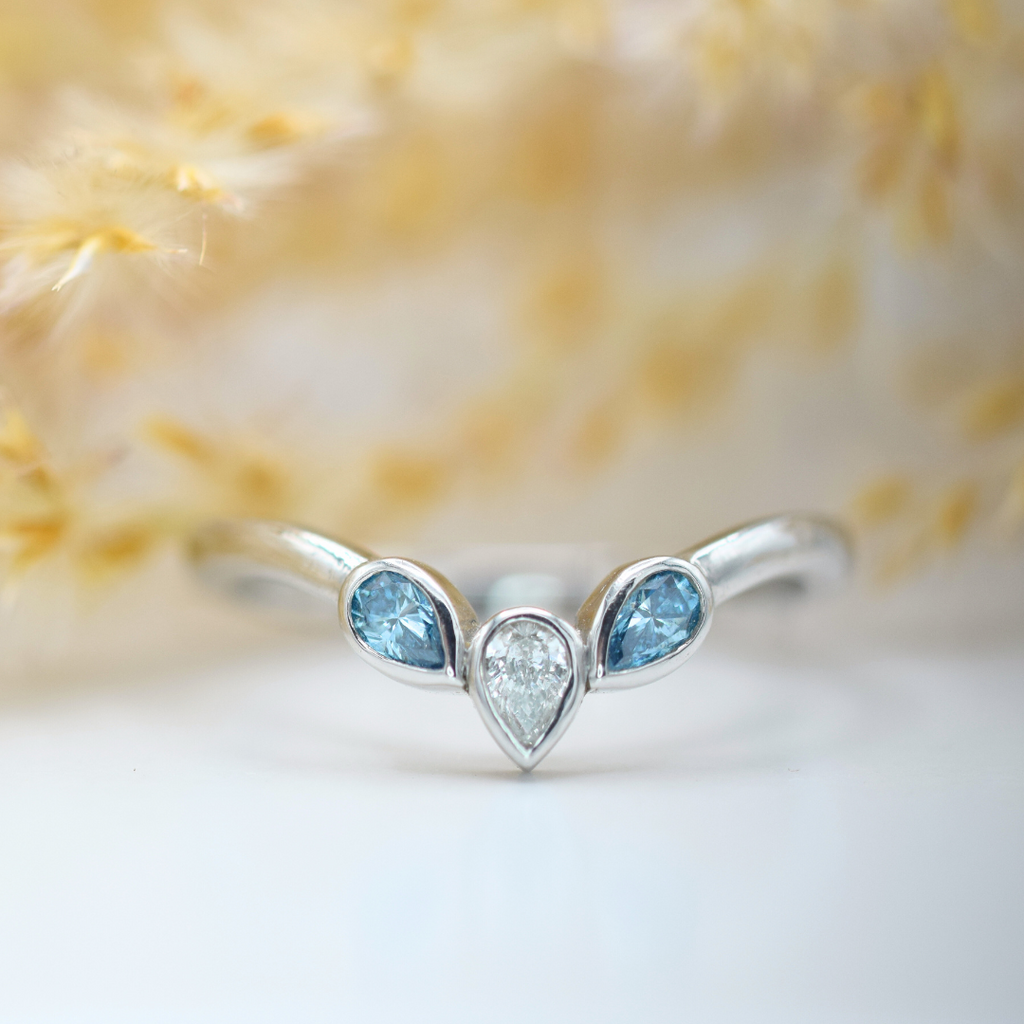 platinum blue and white diamond wishbone ring