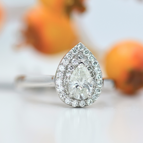 platinum diamond double halo pear cut ring