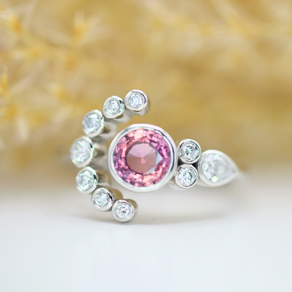 platinum purple sapphire and white diamond burst ring