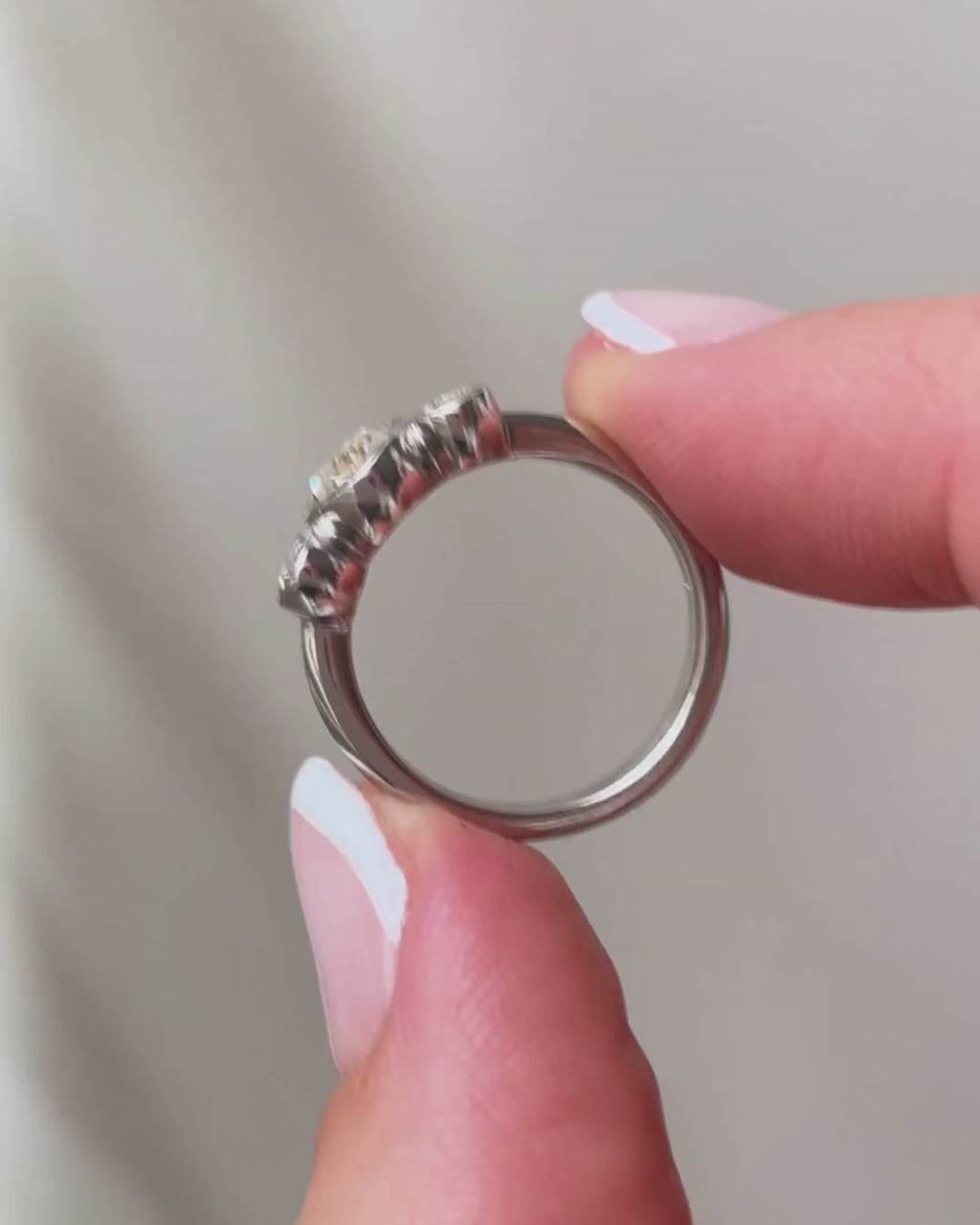 champagne and white diamond three stone ring - side shot