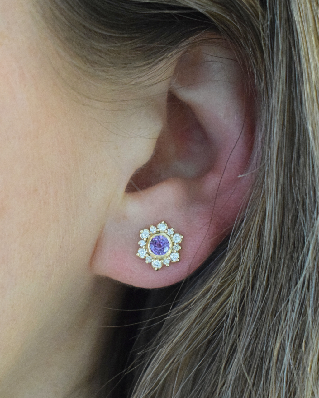 purple_sapphire_diamond_gold_cluster_earring_ear_shot