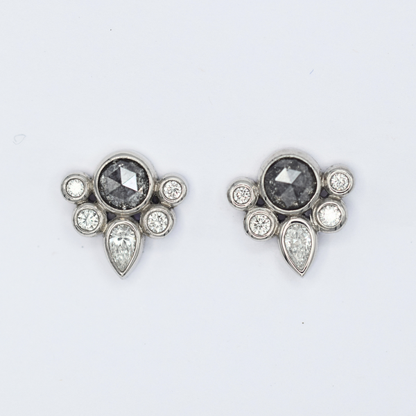 rose cut salt and pepper and white diamond stud earrings