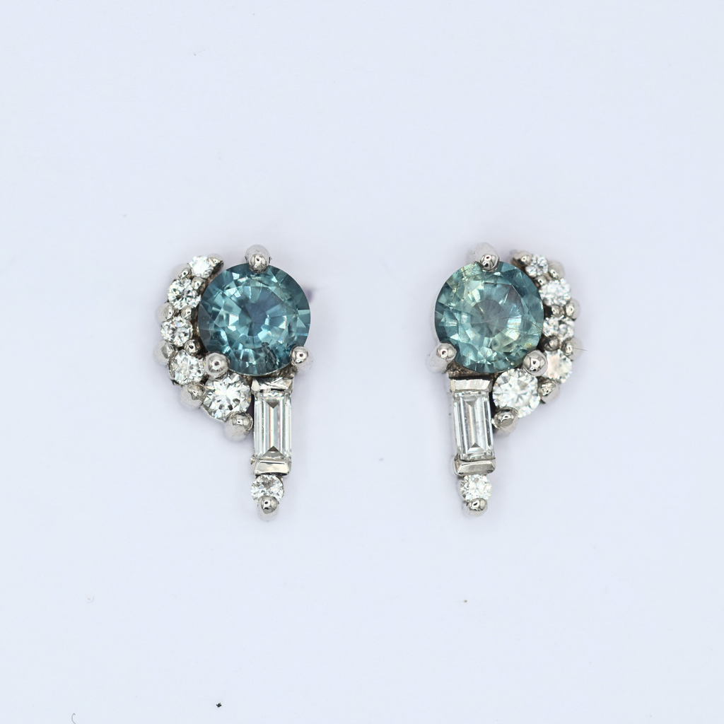 teal sapphire and white diamond asymmetrical stud earrings