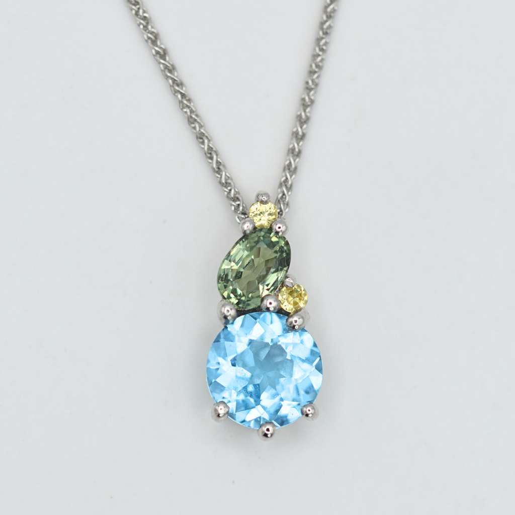 topaz green sapphire and yellow sapphire cluster necklace