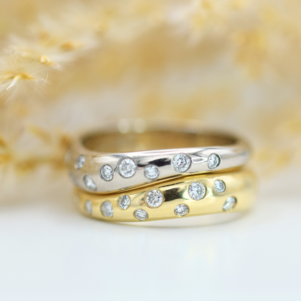 two toned diamond flush set molten rings