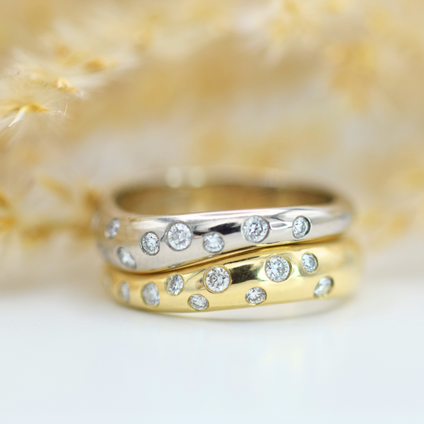 two toned diamond flush set molten rings