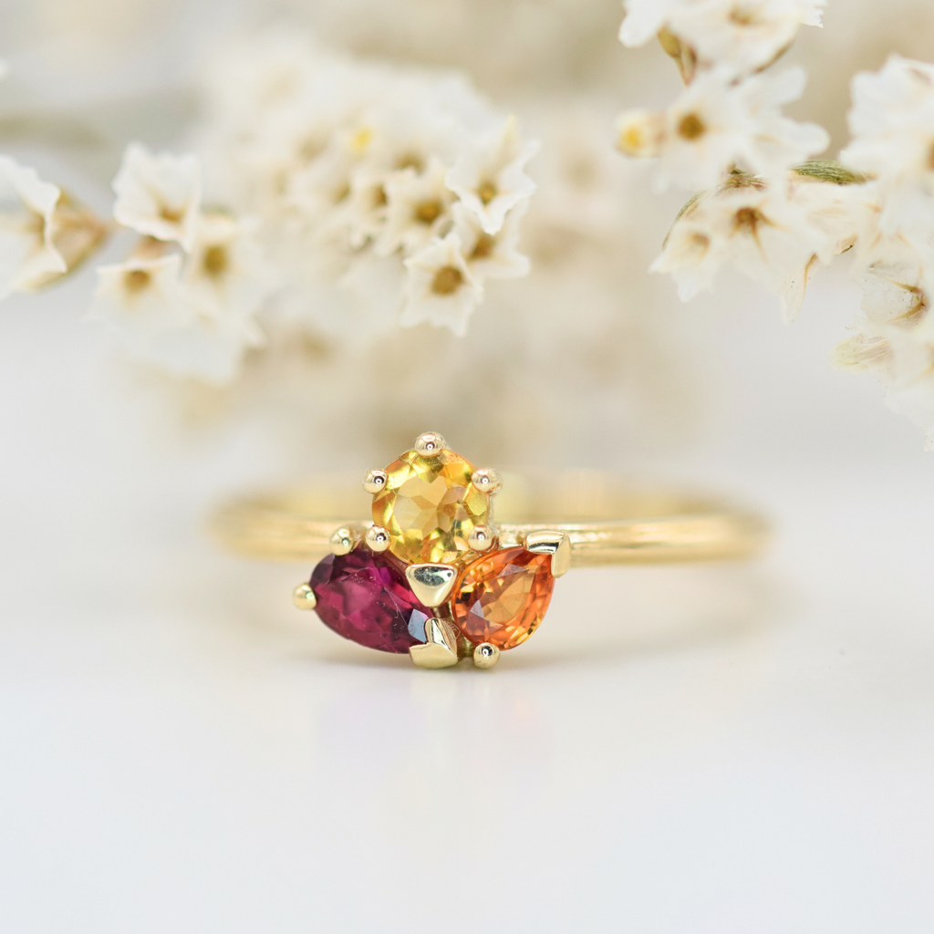 yellow and orange sapphire and pink tourmaline 9k yellow gold ring