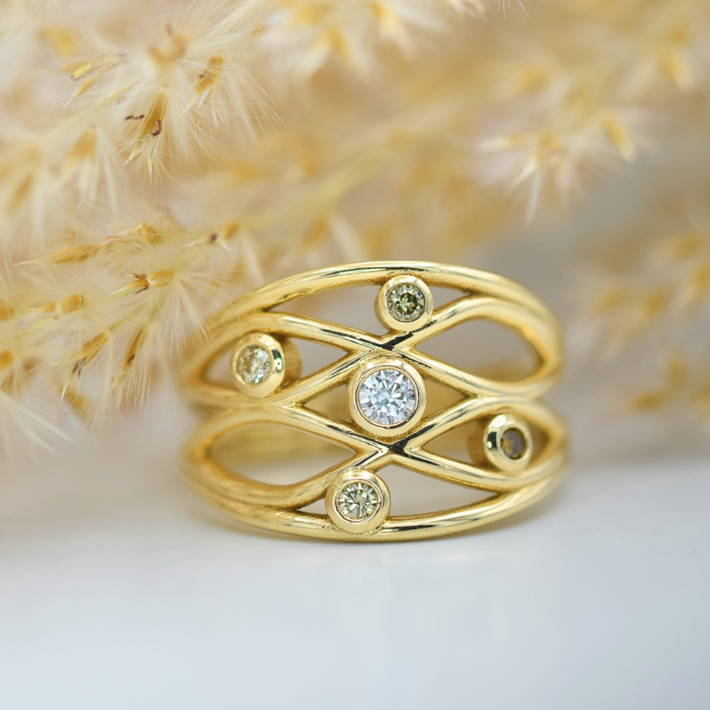 yellow gold natural coloured diamond lattice ring