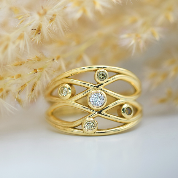 yellow gold natural coloured diamond lattice ring