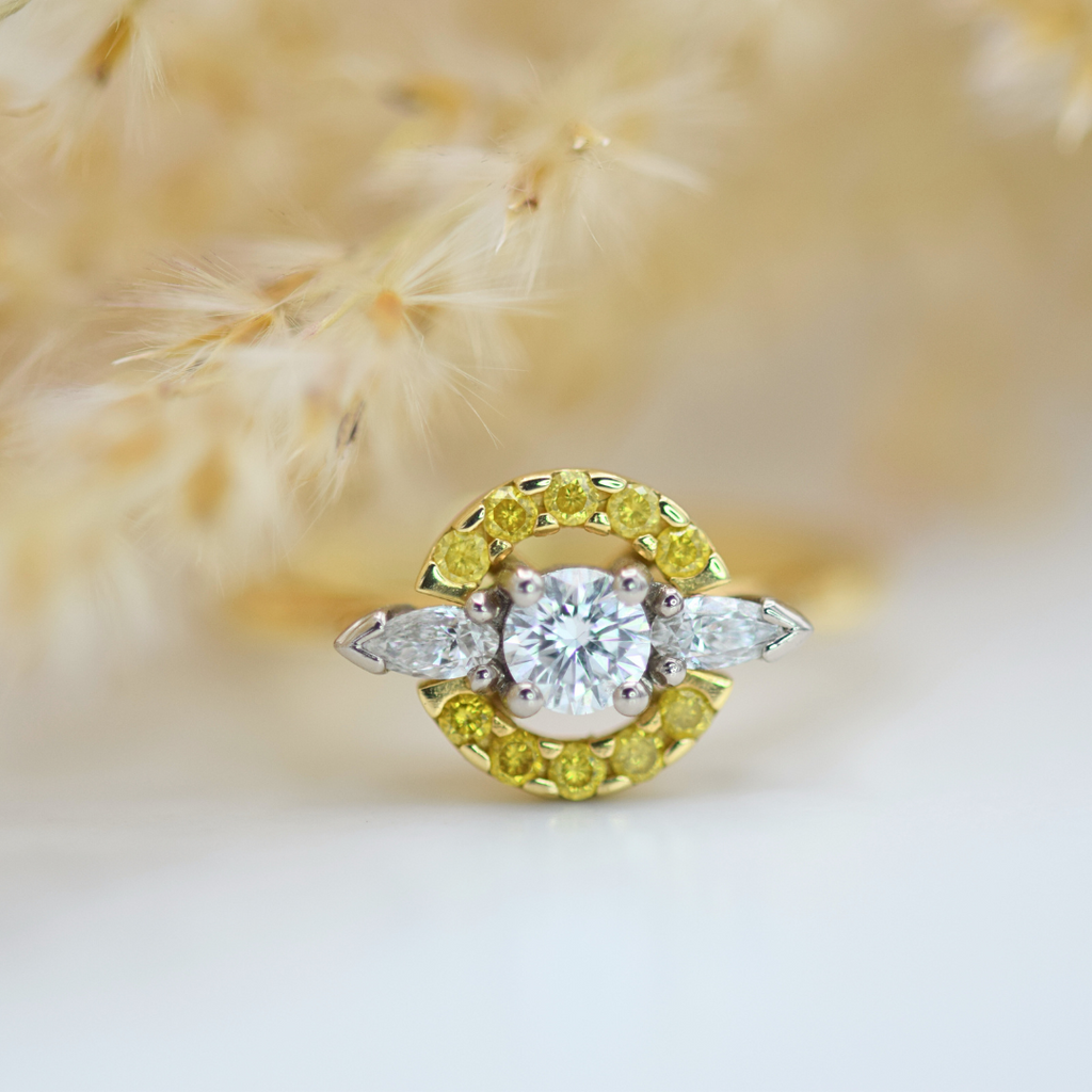 yellow gold yellow and white diamond sunburst ring