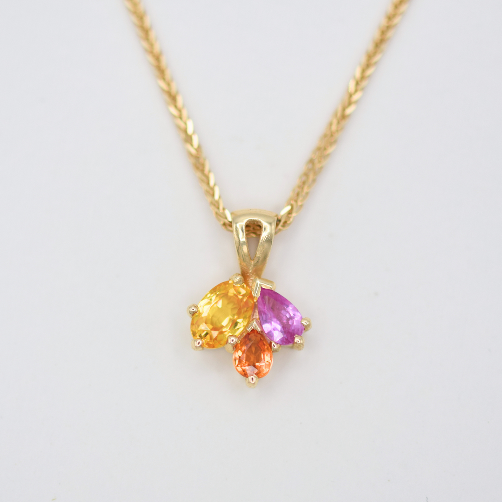 yellow pink orange pear cut sapphire pendant